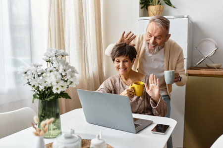 Lively couple shares smiles as they video chat, surrounded by warm light and floral decor.の写真素材
