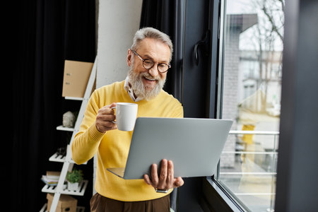 Handsome mature man smiles as he holds a coffee cup and works on his laptop at home.