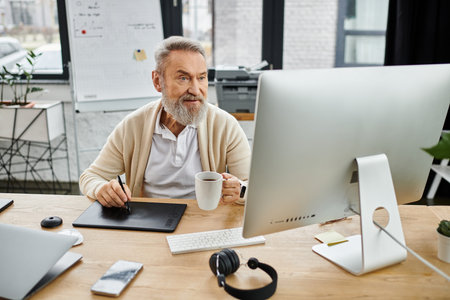Handsome mature man focused on his work at a stylish desk with coffee and technology.の写真素材
