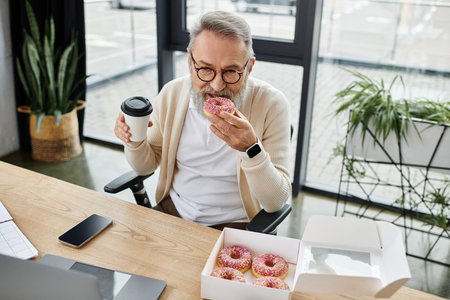 A mature man is savoring a donut while holding coffee at his office desk, surrounded by plants.の写真素材