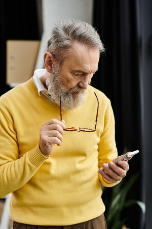 Handsome senior man wearing a yellow sweater looks at his smartphone with concentration.の写真素材