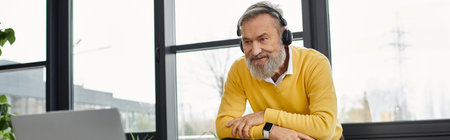 Handsome mature man with a beard participates in a video call at a bright workspace.の写真素材