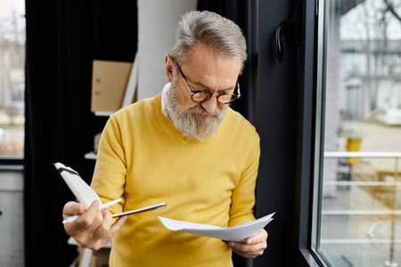 Mature man in yellow sweater reviews important papers while standing near a window.の写真素材