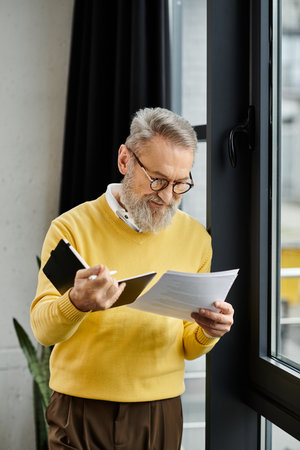 Handsome senior man in a yellow sweater engaged in reviewing papers by the window.