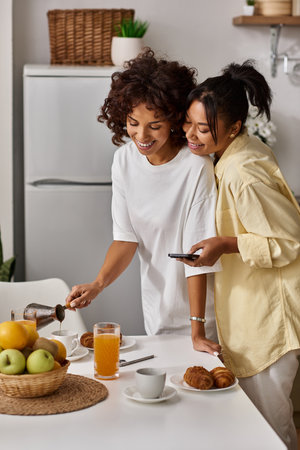 Two young women share laughter and love while preparing breakfast in a bright, modern kitchen.の写真素材