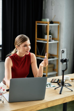 Young influencer engages followers by showcasing her favorite beauty products online.の写真素材