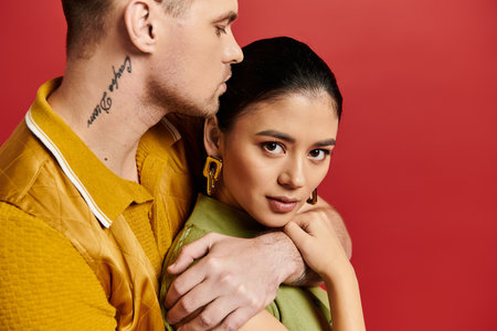 In a bright studio, a fashionable couple embraces, celebrating their love for Valentines Day.の写真素材