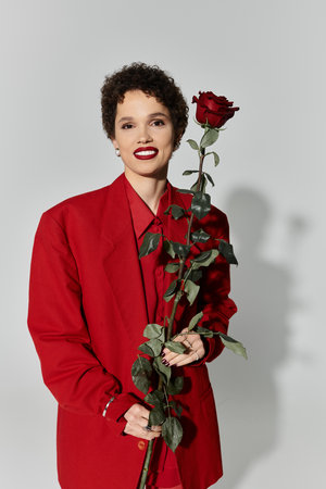 Young woman in vibrant red attire holds a single rose, radiating elegance and charm.の写真素材