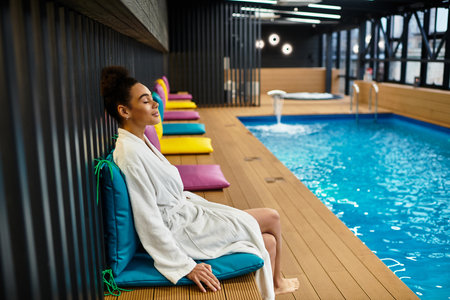 A young African American woman enjoys a moment of peace beside the tranquil pool at the spa.の写真素材