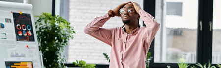 A digital nomad sits in a bright office, contemplating work challenges and remote lifestyle.の写真素材