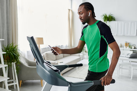 A young african american man enjoys a workout on a treadmill, checking his phone for inspiration.