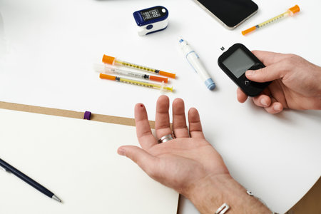 Young man checks blood sugar with a meter while surrounded by diabetes management tools at home.の写真素材