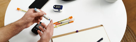 Man checks his blood sugar levels and prepares insulin in a cozy apartment setting, bannerの写真素材