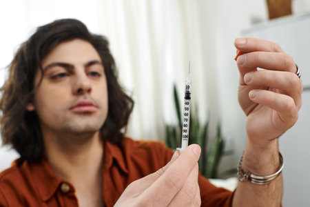 A young man prepares his insulin in a stylish apartment, highlighting his lifestyle with diabetes.の写真素材