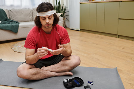 A young man practices self-care at home, checking his blood sugar levels while sitting comfortably.の写真素材