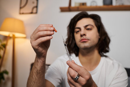 A young man demonstrates his daily health management while preparing his insulin at home.の写真素材