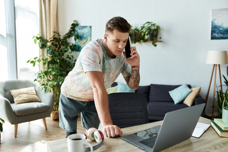 A young handsome man with a prosthetic leg speaks on the phone while leaning over his laptop.の写真素材