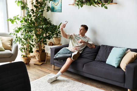 Engaging in a joyful moment, a young man captures a selfie in a stylish living room.の写真素材