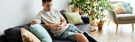 Young man relaxes on a cozy sofa, engrossed in his phone, with his prosthetic leg visible.の写真素材