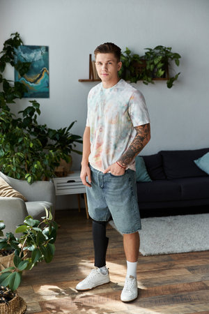 Handsome young man stands proudly in a trendy living space, highlighting his prosthetic leg.