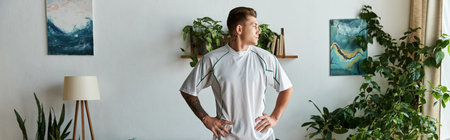 Handsome young man stands proudly in a brightly lit room surrounded by plants.