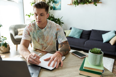 A young man is focused on his work at a bright, cozy home office setting.の写真素材