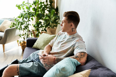 Handsome young man enjoys a moment of calm on a couch while holding a phone in a lively space.の写真素材