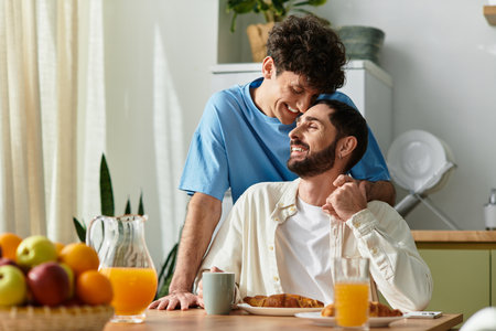 Two men enjoy a cozy breakfast together, showcasing their love in a modern home environment.の写真素材