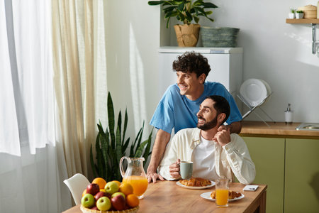 Two men enjoy breakfast together in their modern apartment, savoring the morning light and company.の写真素材