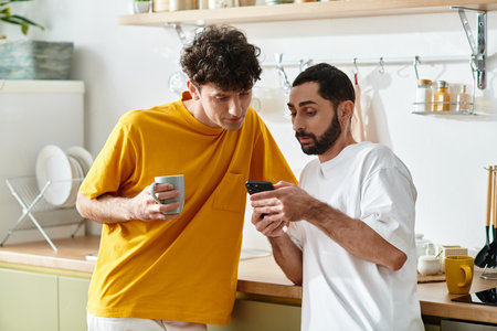 In a stylish apartment, a loving couple enjoys time together while sharing a phone.