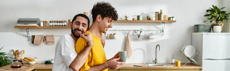 Two happy men embrace in their cozy apartment, enjoying each others company and love, bannerの写真素材
