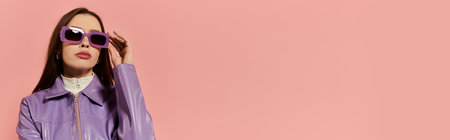 A confident woman showcases her vibrant style with trendy sunglasses and a chic jacket.の写真素材