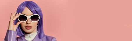 A stylish woman showcases her vibrant purple hair and sunglasses in a colorful setting.の写真素材