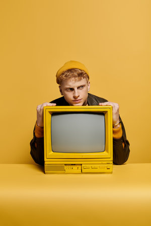 A fashionable redhead man showcases a retro tv against a vibrant yellow backdrop.