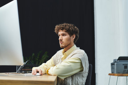 A curly-haired young man in a sweater vest is focused on his work in a corporate office.の写真素材