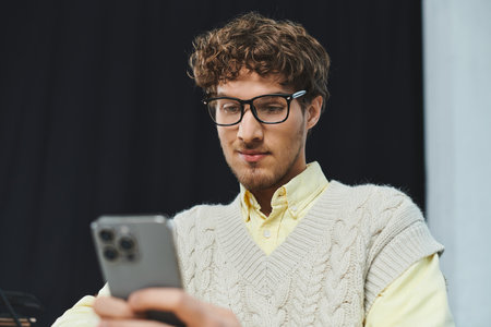 Curly-haired man in a sweater vest actively interacts with his smartphone in a stylish office.