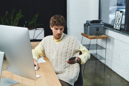 A young man with curly hair in a sweater vest is focused on his phone in a sleek office setting.