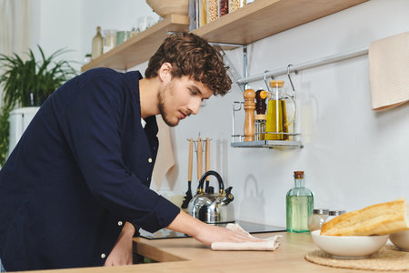 Handsome young man in a casual shirt cleans his kitchen counter with care at home.の写真素材