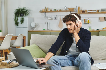 Young man with curly hair focuses on his laptop in a bright, modern living space.
