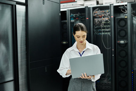 A woman in a white shirt focuses on her laptop, overseeing server operations in a data center.