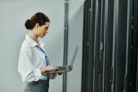 A professional in a white shirt works on a laptop in a modern server room.