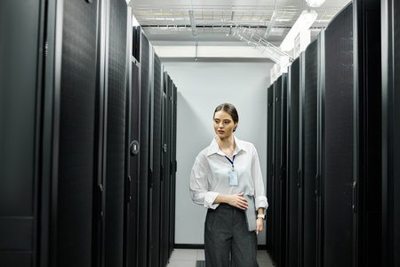 A woman in a white shirt engages with computer systems in a sleek server room.