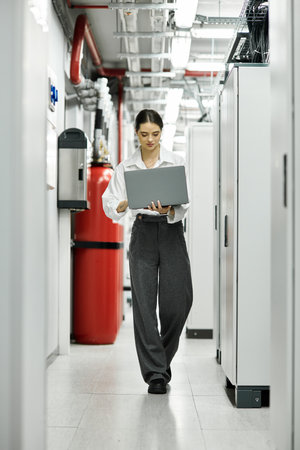 An IT specialist maneuvers a server room with a laptop, keeping systems running smoothly.
