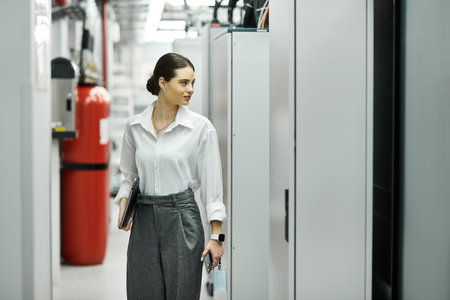 A professional woman works diligently in a contemporary server room, ensuring system integrity.