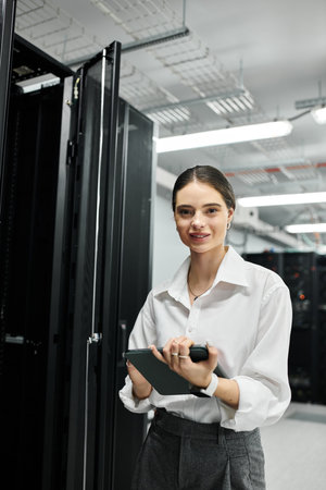 A woman in a white shirt works diligently in a sophisticated server room, overseeing systems.