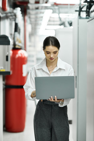 Focused woman in a white shirt operates a laptop in a busy data center, ensuring smooth operations.
