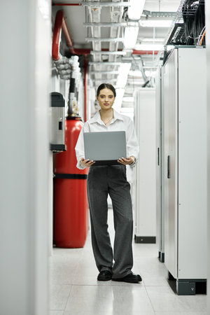 A professional woman in a white shirt is operating a laptop in a high-tech server room.