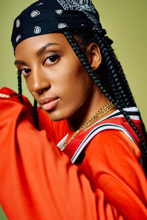 A young woman in a bold red outfit confidently poses for the camera.の写真素材
