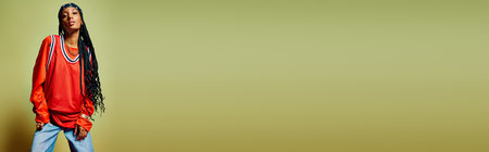 A young woman stands proudly, showcasing her stylish outfit, highlighting her beauty and confidence.の写真素材