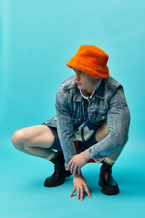 A young man confidently poses in a trendy outfit against a vibrant backdrop.の写真素材